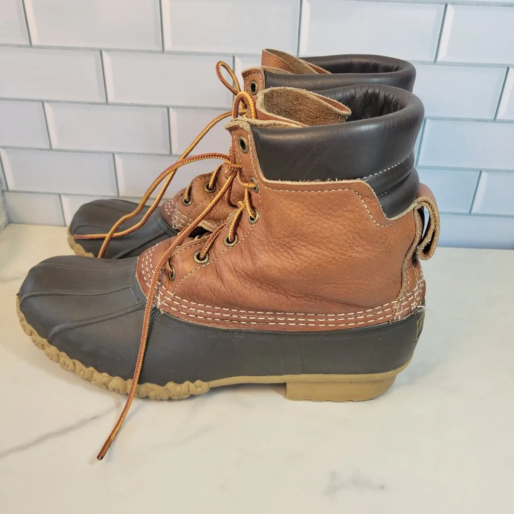 LL Bean Mens 8 inch Bean Boots Brown Tan Leather Duck Boots Size 10 USA